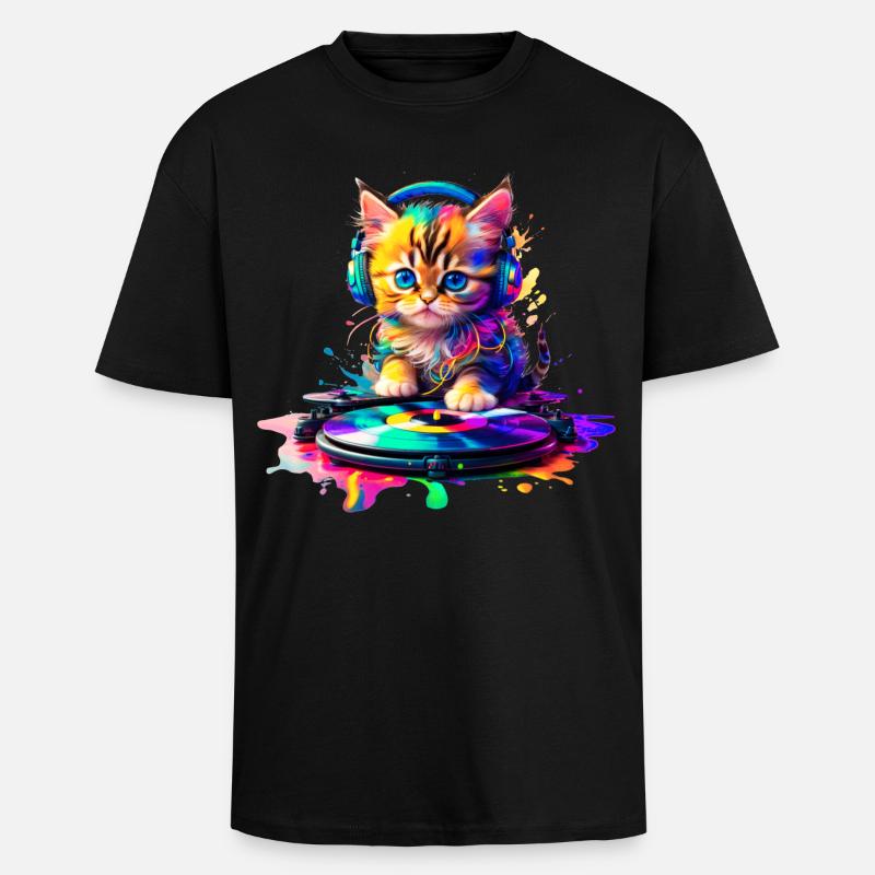 Kätzchen DJ - Regenbogen 2 - Oversized Heavyweight Unisex T-Shirt - Schwarz