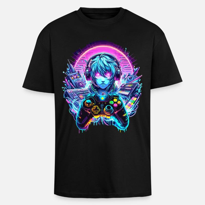Gamer Headset Anime Synthwave Art - Oversized Heavyweight Unisex T-Shirt - Schwarz
