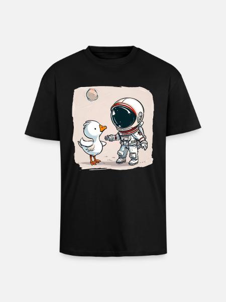 Cute Astronaut and Goose Cartoon Design | Space - Unisex Oversized Heavyweight T-shirt - black