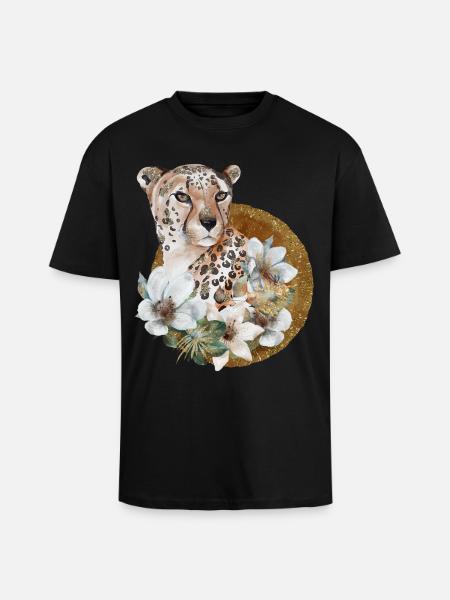 Leopard with gold and flowers - Unisex Oversized Heavyweight T-shirt - black
