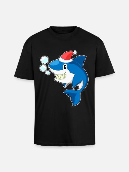 Shark Christmas Santa Hat - Unisex Oversized Heavyweight T-shirt - black