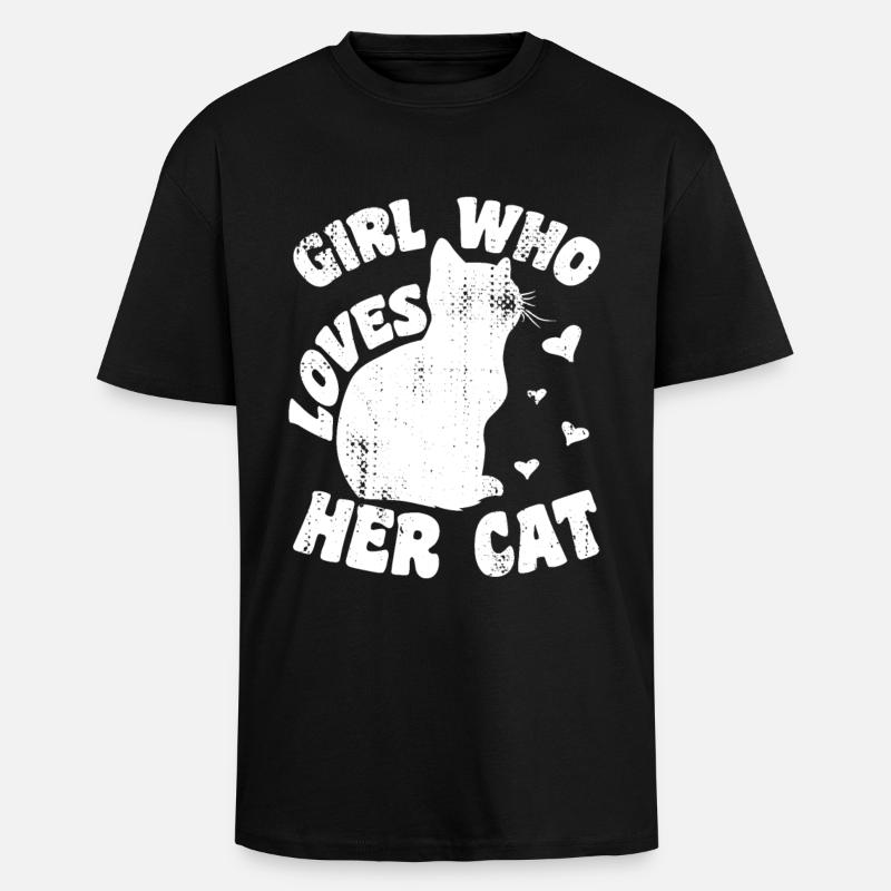 Fille qui aime son chat - T-shirt unisexe oversize épais - noir