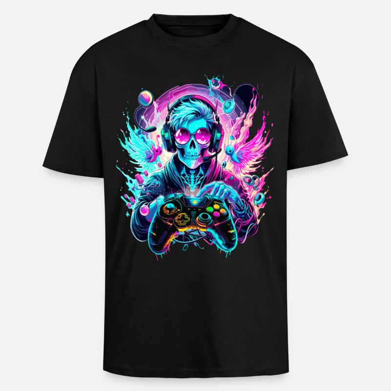 Synthwave Skull Gaming Controller Art - Unisex Oversized Heavyweight T-shirt - black