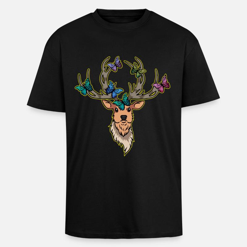 Deer Butterflies Deer Head Spring - Unisex Oversized Heavyweight T-shirt - black