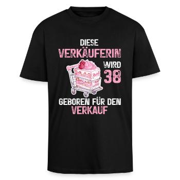 38 Geburtstag Verkäuferin 38 Jahre Verkauf Spruch - Oversized Heavyweight Unisex T-Shirt - Schwarz - Vorne - Alina (178cm) & Michal (187cm)