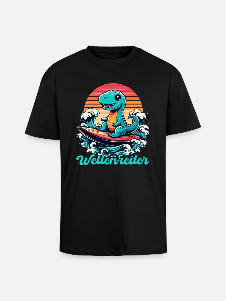 Cute T-Rex Surfer Surfing Gift - Unisex Oversized Heavyweight T-shirt - black