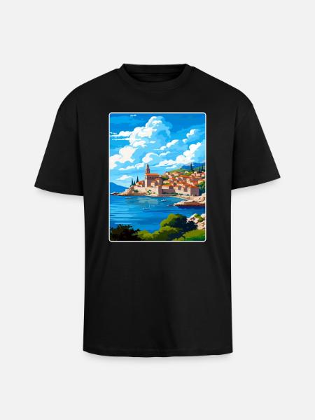 Dubrownik Chorwacja Plakat podróżniczy Pamiątka Farba WPA - Gruby T-shirt unisex oversize - czarny