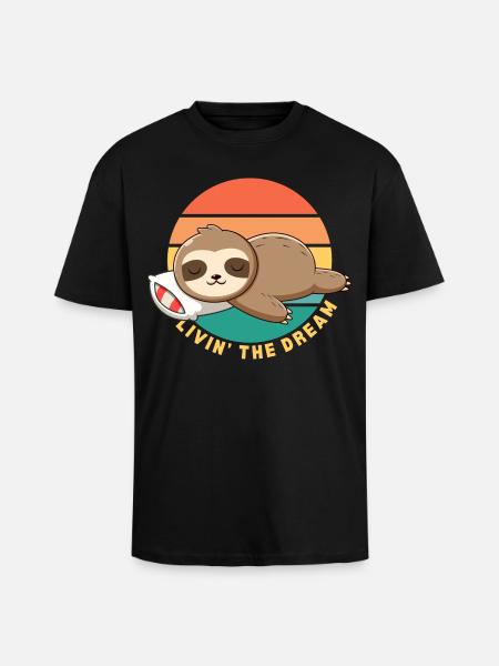 Funny Happy Lazy Sleeping Sloth Livin' the Dream - Unisex Oversized Heavyweight T-shirt - black