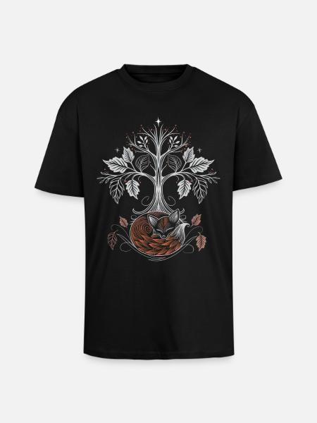 Schlafender Fuchs unter Lebensbaum - Herbstnacht - Oversized Heavyweight Unisex T-Shirt - Schwarz