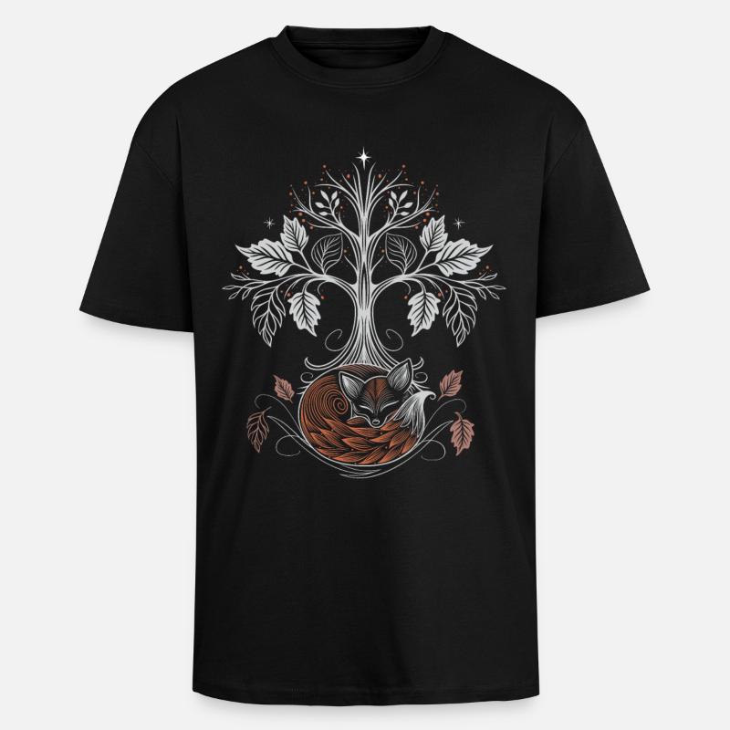 Schlafender Fuchs unter Lebensbaum - Herbstnacht - Oversized Heavyweight Unisex T-Shirt - Schwarz