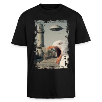 UFO - Seagull - Rostock - Teepot - Warnemünde - Unisex Oversized Heavyweight T-shirt - black - Front - Alina (178cm) & Michal (187cm)