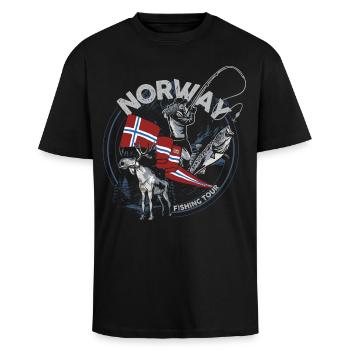 NORWAY FISHING TOUR - Moose - Woman Edition - Oversized Heavyweight Unisex T-Shirt - Schwarz - Vorne - Alina (178cm) & Michal (187cm)
