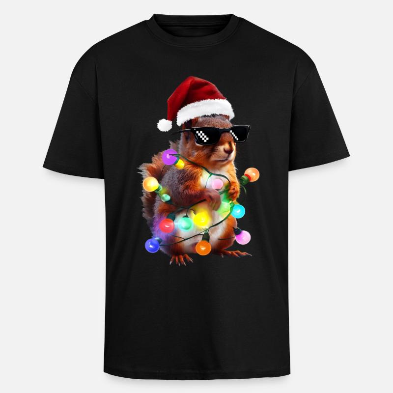 Weihnachts Eichhörnchen mit Lichterkett - Oversized Heavyweight Unisex T-Shirt - Schwarz