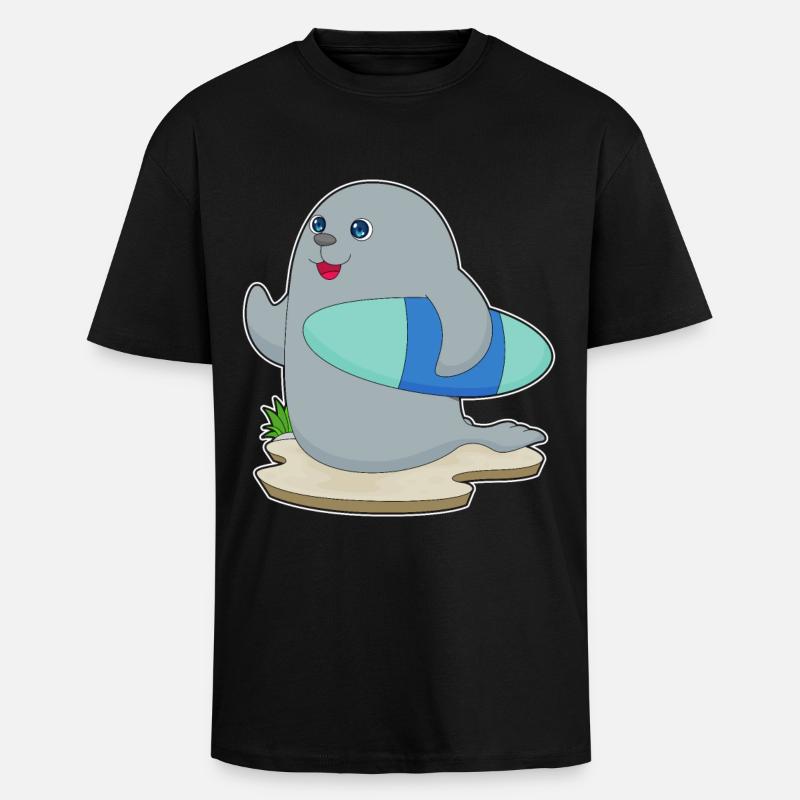 Seehund Surfer Surfbrett - Oversized Heavyweight Unisex T-Shirt - Schwarz