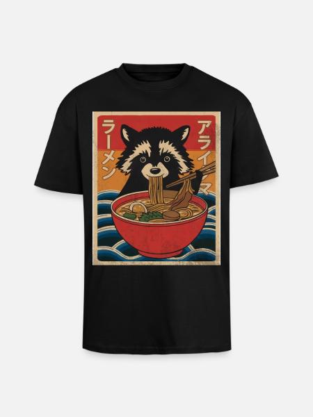 Kawaii Raccoon Ramen Funny Japanese Anime - Unisex Oversized Heavyweight T-shirt - black