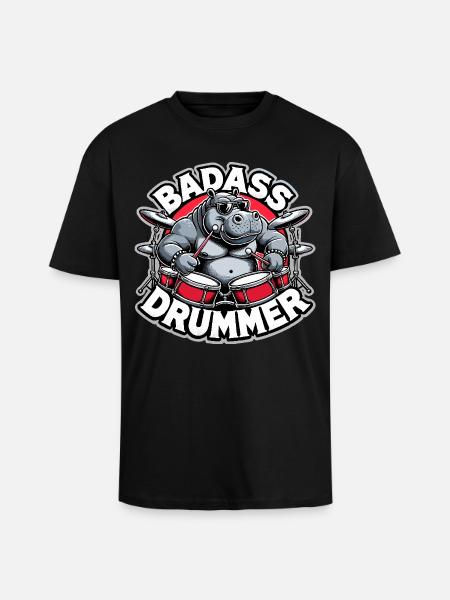 Badass Drummer Hippo Cool Gift - Unisex Oversized Heavyweight T-shirt - black