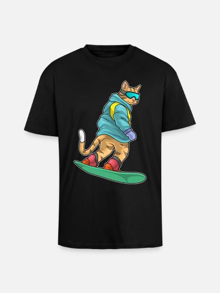 Cat Snowboarder Snowboard - Unisex Oversized Heavyweight T-shirt - black