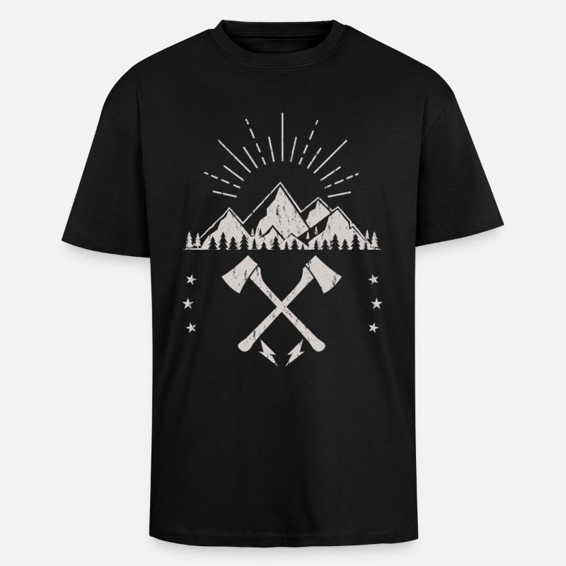 Rugged Mountain Sunrise Axe Emblem - Unisex Oversized Heavyweight T-shirt - black