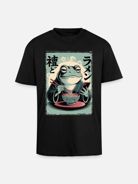 Funny frog, grumpy, Japanese art, ramen - Unisex Oversized Heavyweight T-shirt - black