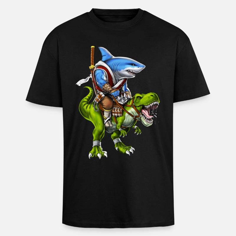 Shark Samurai Riding T-Rex Dinosaur - Unisex Oversized Heavyweight T-shirt - black