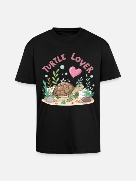 Pastel Flowered Turtle in Love - Unisex Oversized Heavyweight T-shirt - black