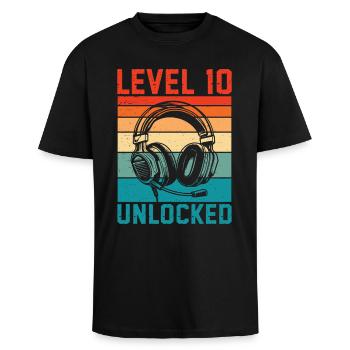 Level 10 freigeschaltet, 10. Jubiläum - Oversized Heavyweight Unisex T-Shirt - Schwarz - Vorne - Alina (178cm) & Michal (187cm)