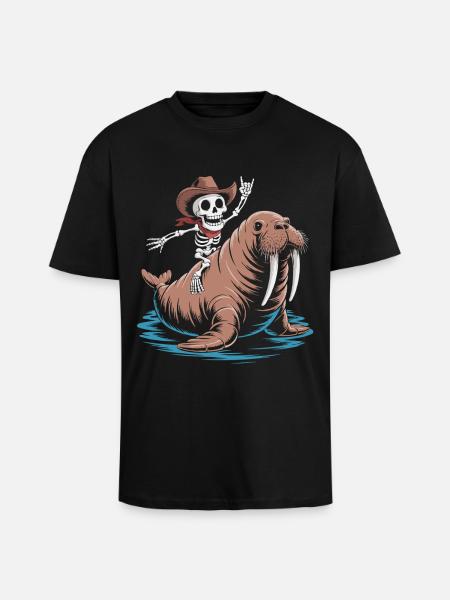 Skeleton cowboy on walrus - Unisex Oversized Heavyweight T-shirt - black