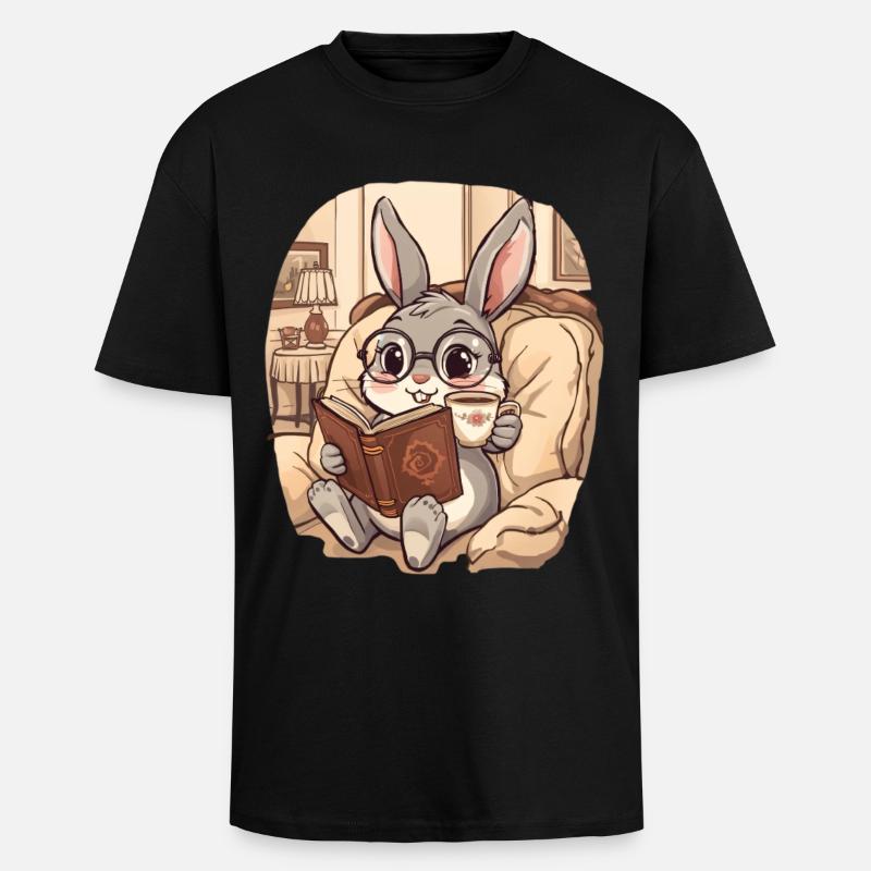 Cuddly Bunny Reading Evening - Unisex Oversized Heavyweight T-shirt - black