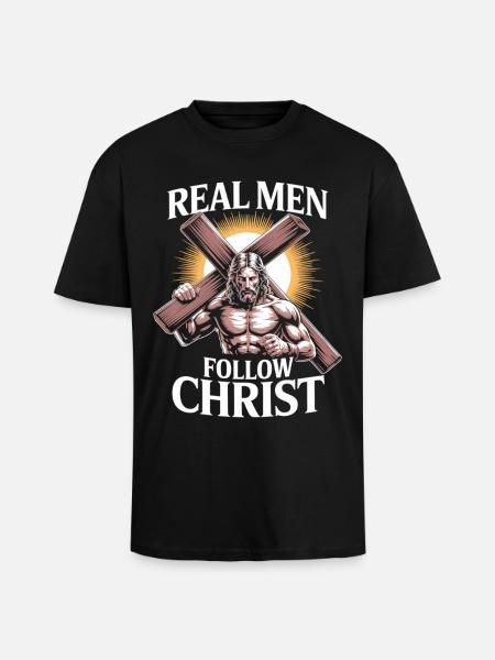 Mannen met geloof – Echte mannen volgen Christus - Unisex oversized T-shirt van zware kwaliteit - zwart