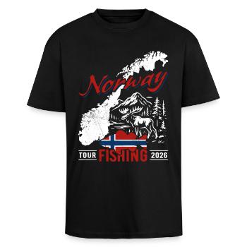Noorwegen Fishing Tour 2026 - Angler Gift - Unisex oversized T-shirt van zware kwaliteit - zwart - Voor - Alina (178cm) & Michal (187cm)