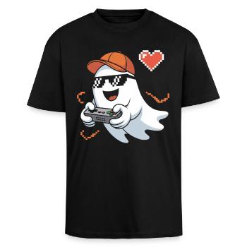 Retro Gamer Halloween Geist - Oversized Heavyweight Unisex T-Shirt - Schwarz - Vorne - Alina (178cm) & Michal (187cm)