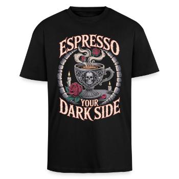 Espresso Your Dark Side – Dunkles Kaffee Shirt - Oversized Heavyweight Unisex T-Shirt - Schwarz - Vorne - Alina (178cm) & Michal (187cm)