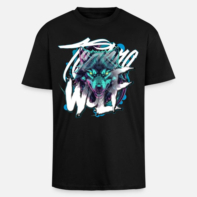 Neon Techno Wolf Head–Rave Wolf - Oversized Heavyweight Unisex T-Shirt - Schwarz