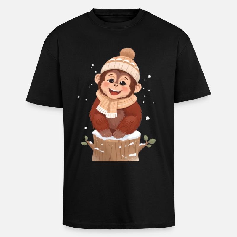 Winter monkey on tree stump - Unisex Oversized Heavyweight T-shirt - black