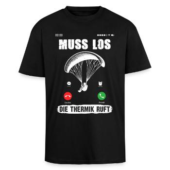 Gleitschirmflieger MUSS LOS DIE THERMIK RUFT - Oversized Heavyweight Unisex T-Shirt - Schwarz - Vorne - Alina (178cm) & Michal (187cm)