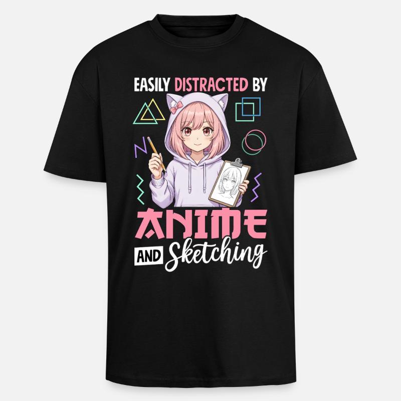 Easily Distracted By Anime And Sketching - Oversized Heavyweight Unisex T-Shirt - Schwarz