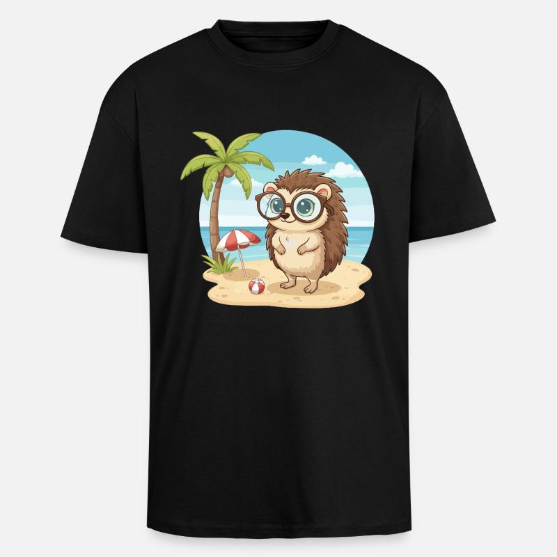 Süßer Igel mit Brille Strand-Sommerurlaub - Oversized Heavyweight Unisex T-Shirt - Schwarz