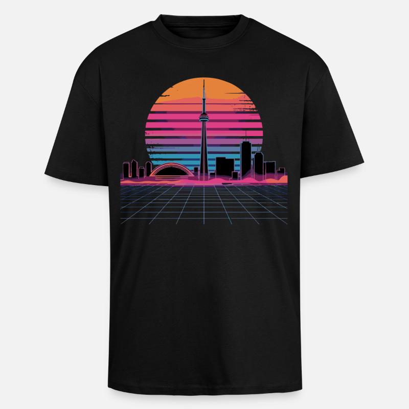Coucher de soleil rétro Néon Skyline - T-shirt unisexe oversize épais - noir