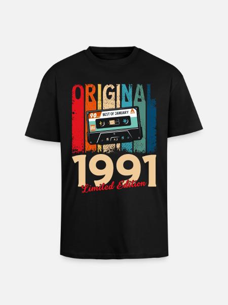 35th Birthday Cassette January 1991 - Unisex Oversized Heavyweight T-shirt - black