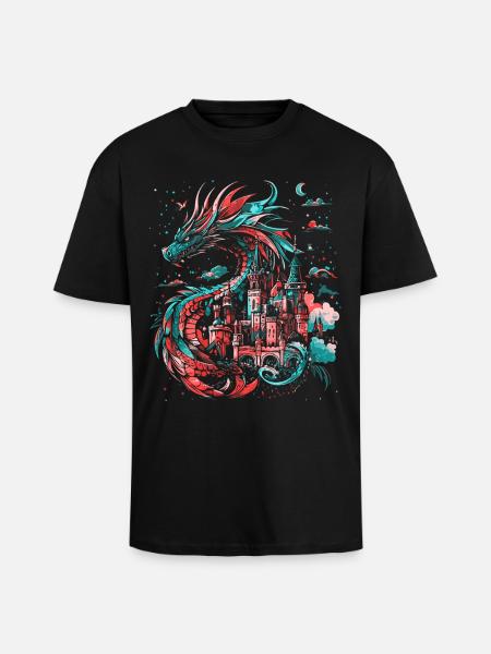 Dragon Castle Fantasy Magic Mythology Creature - Unisex Oversized Heavyweight T-shirt - black