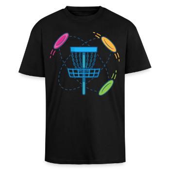 Scène du panier et des disques volants de disc golf - T-shirt unisexe oversize épais - noir - Devant - Alina (178cm) & Michal (187cm)