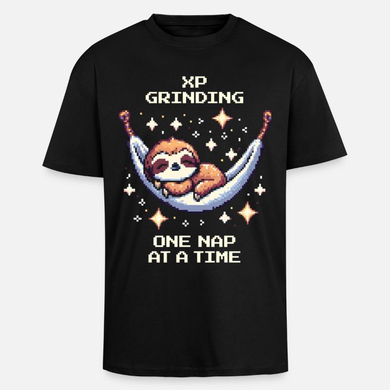 Grinding XP with Naps | Sloth - Unisex Oversized Heavyweight T-shirt - black