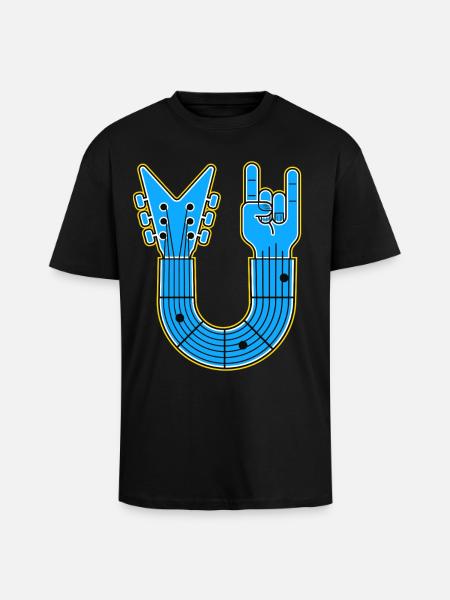 Blue U-Shape Guitar with Rock Hand - Unisex Oversized Heavyweight T-shirt - black