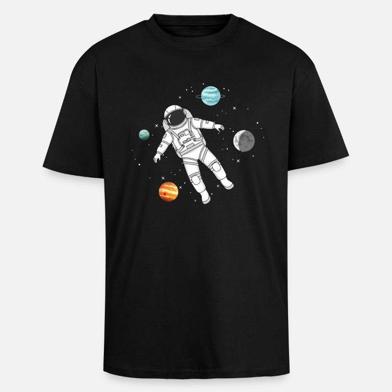 Astronaut schwebt im Weltall mit Planeten - Oversized Heavyweight Unisex T-Shirt - Schwarz