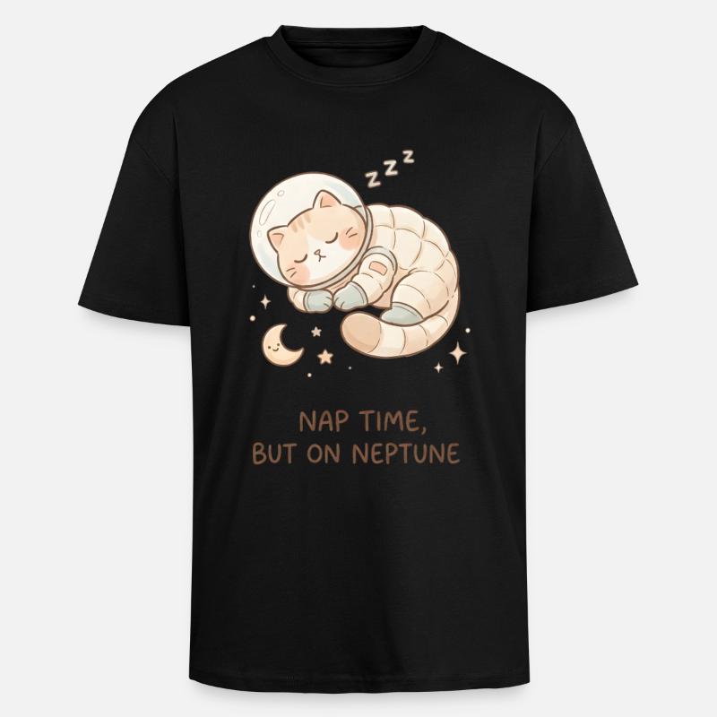Nap Neptune | Chat de l’espace mignon - T-shirt unisexe oversize épais - noir