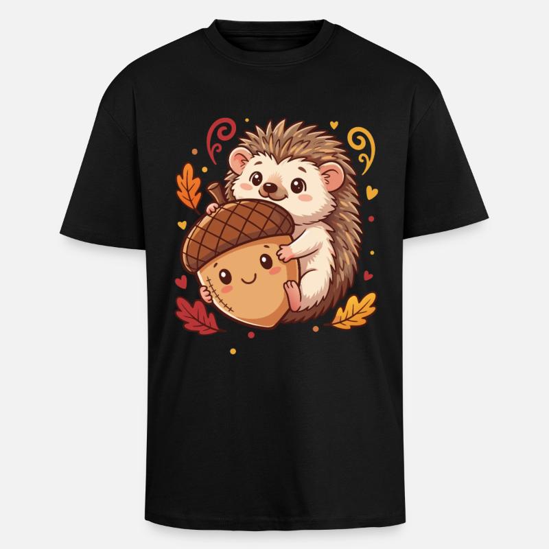 Süßer Igel mit Eichel Herbst - Oversized Heavyweight Unisex T-Shirt - Schwarz