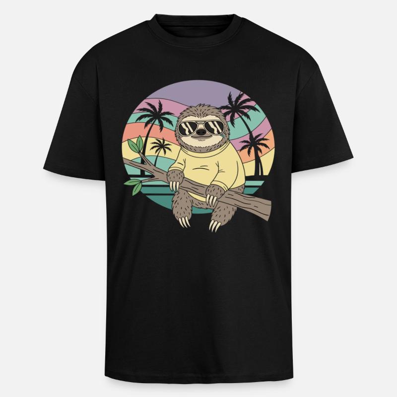 Cool Sloth Retro Kesäpalmupuut - Paksu unisex oversize t-paita - musta
