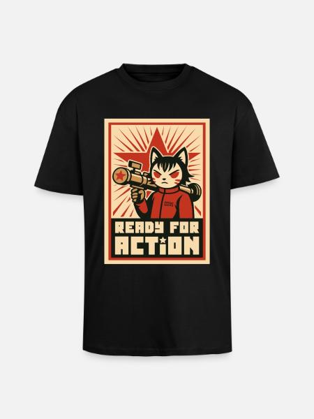 Retro Cat Commando : Prêt pour l'action - T-shirt unisexe oversize épais - noir