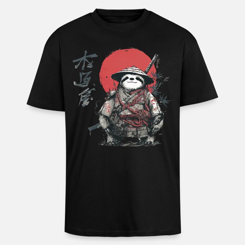 Faultier-Samurai unter roter Sonne - Oversized Heavyweight Unisex T-Shirt - Schwarz
