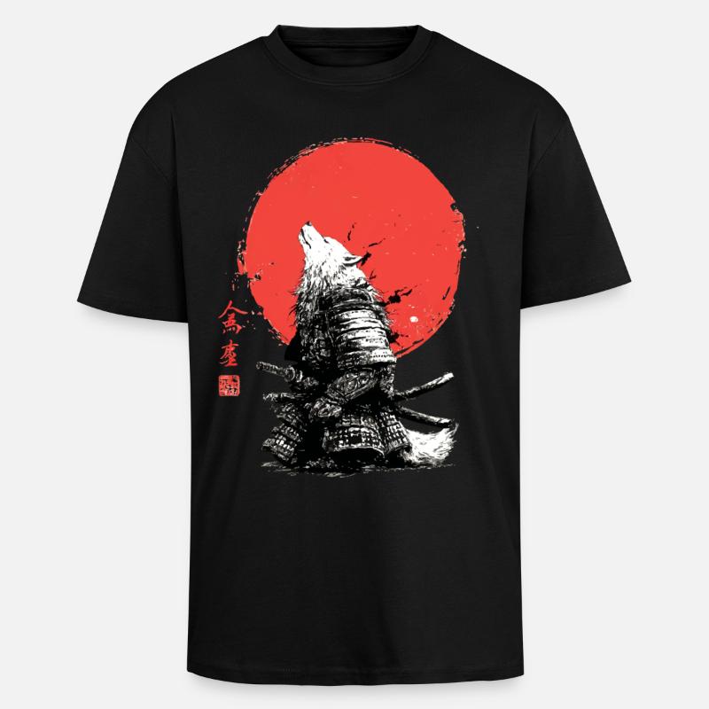 Wolf Samurai under Crimson Sun - Unisex Oversized Heavyweight T-shirt - black